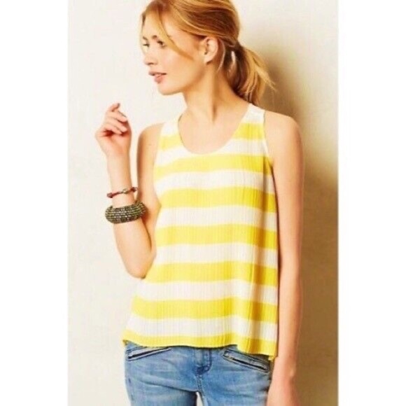 Anthropologie MAEVE Citron Stripe Pleated Tank Top Blouse Swingy Yellow Size 8 - Picture 1 of 12